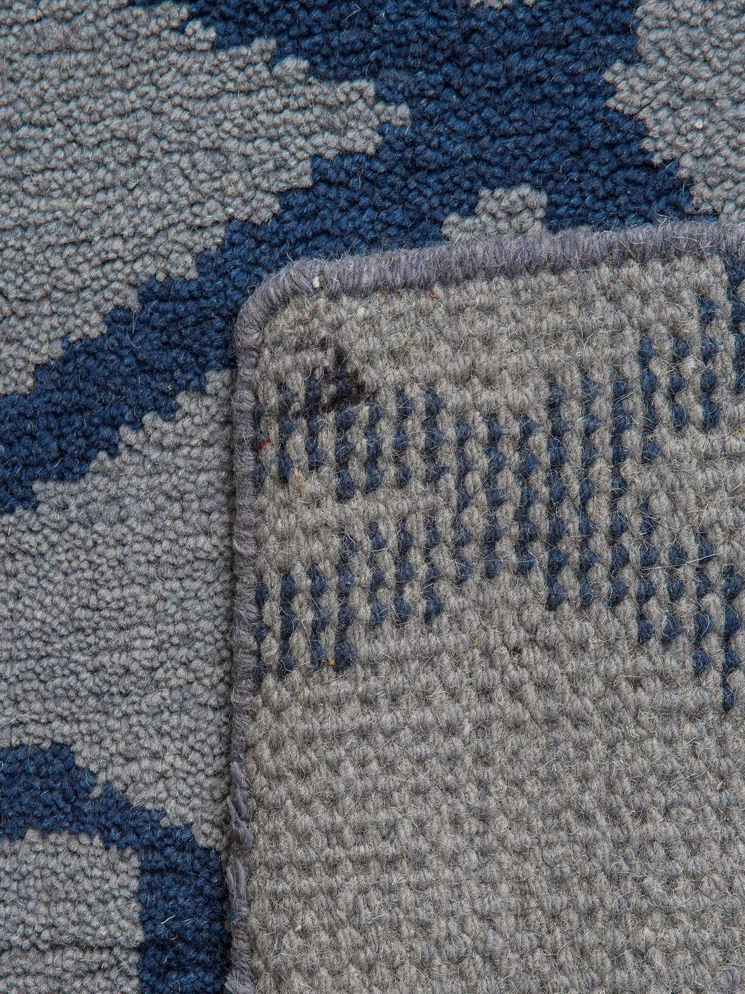 Hand Knotted Wool Area Rug Geometric Blue Beige N00533