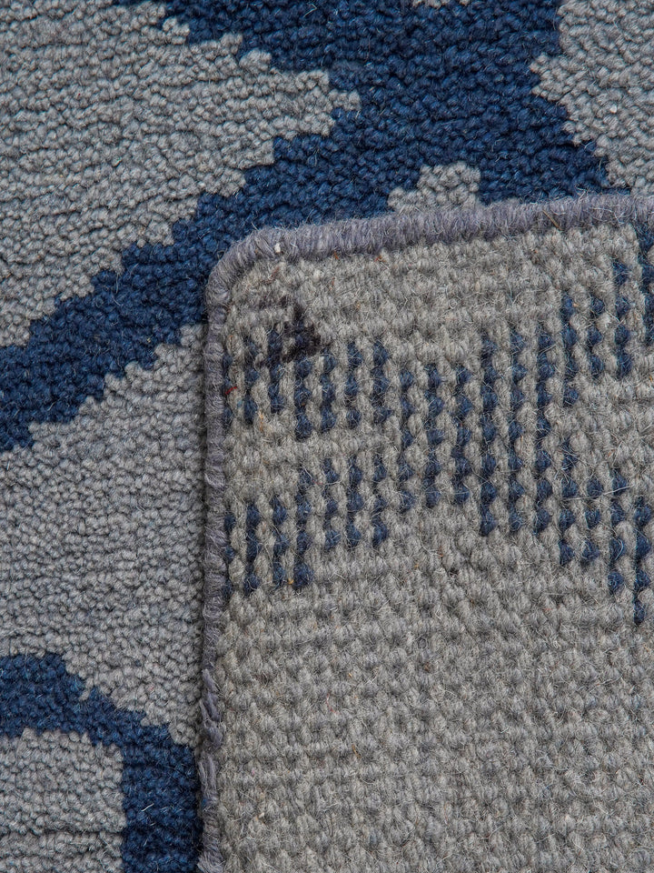 Hand Knotted Wool Area Rug Geometric Blue Beige N00533
