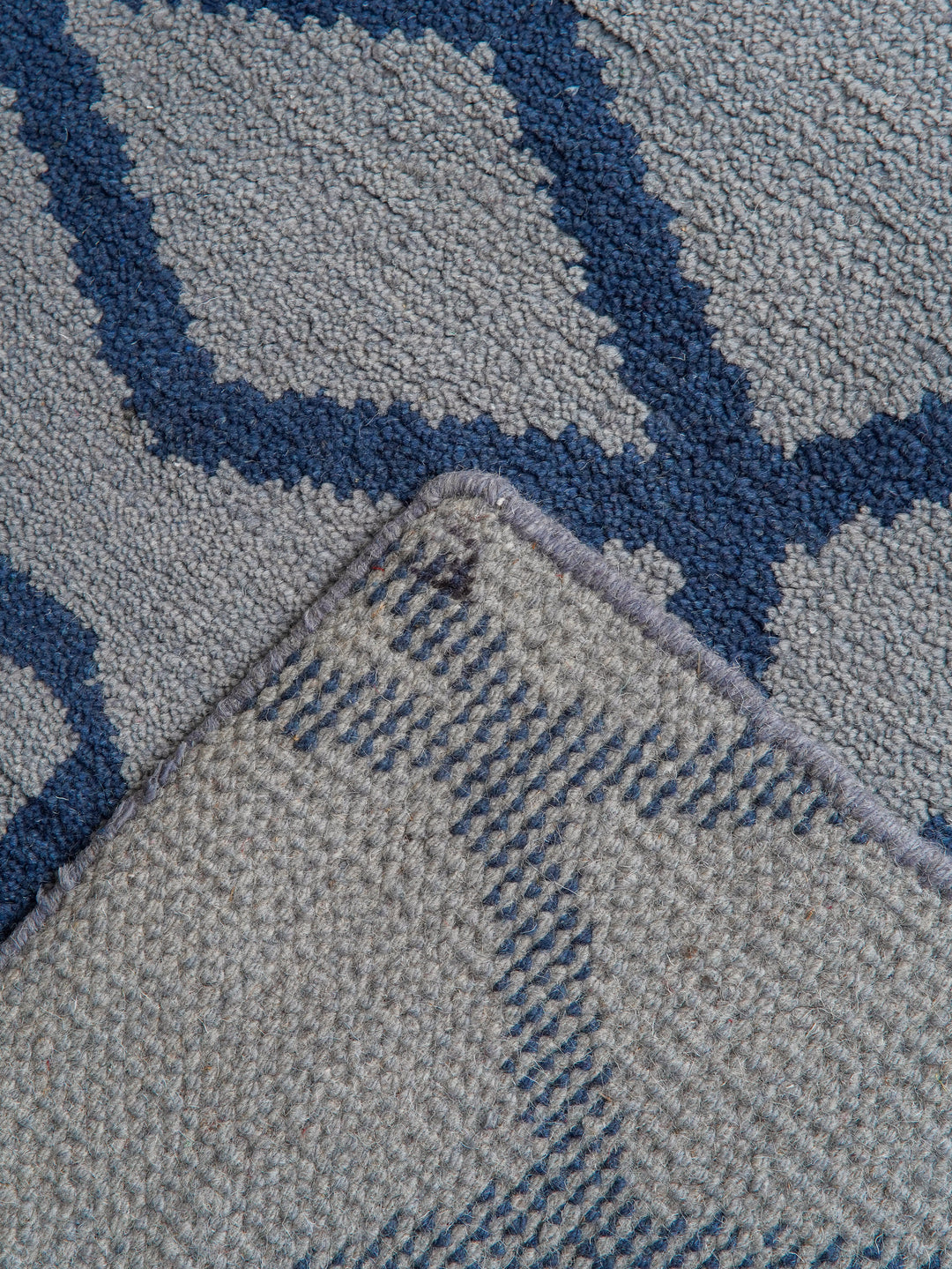 Hand Knotted Wool Area Rug Geometric Blue Beige N00533
