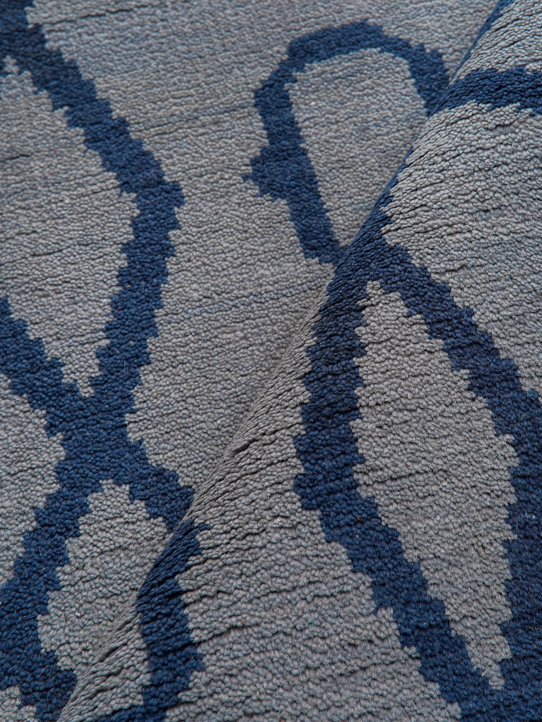 Hand Knotted Wool Area Rug Geometric Blue Beige N00533