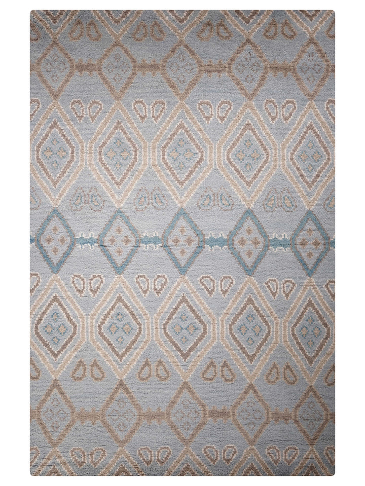 Hand Knotted Wool Area Rug Geometric Light Blue N00803