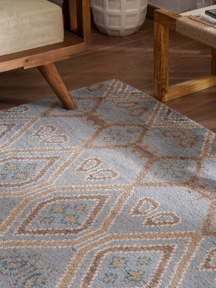 Hand Knotted Wool Area Rug Geometric Light Blue N00803