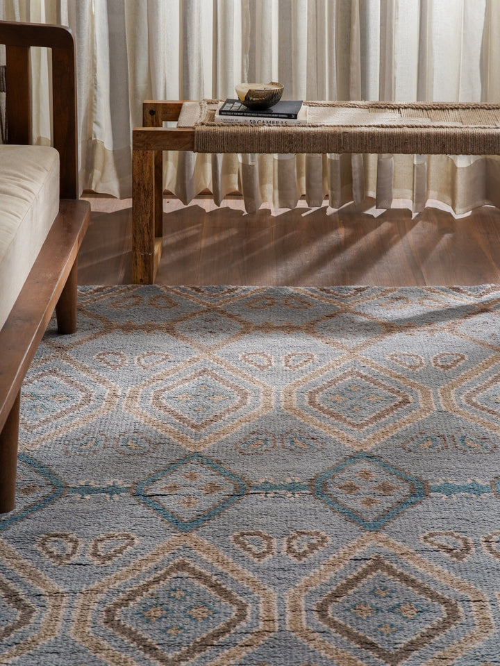 Hand Knotted Wool Area Rug Geometric Light Blue N00803