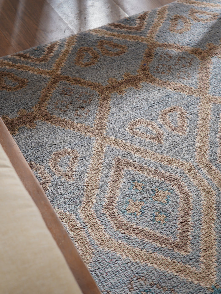Hand Knotted Wool Area Rug Geometric Light Blue N00803
