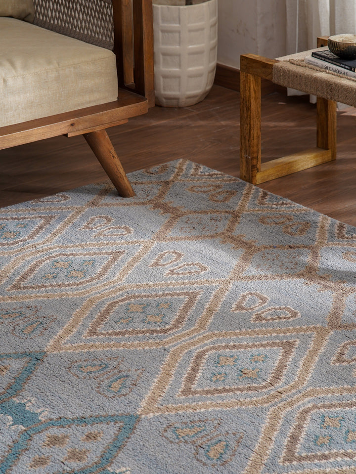 Hand Knotted Wool Area Rug Geometric Light Blue N00803