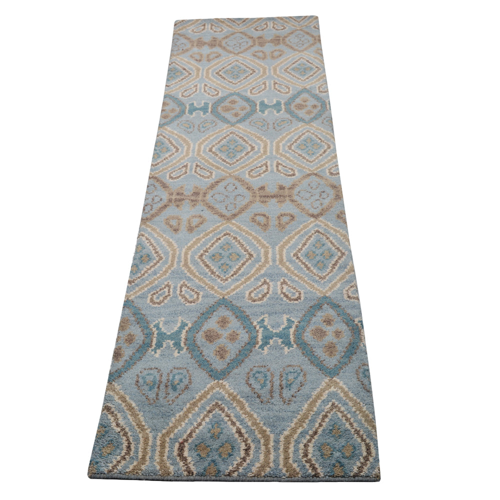Hand Knotted Wool Area Rug Geometric Light Blue N00803
