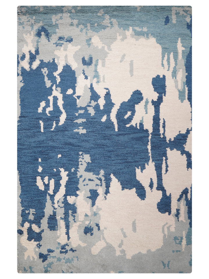 Hand Knotted Wool Area Rug Abstract Blue Beige N00806