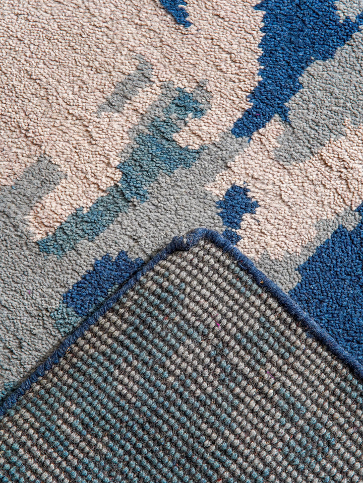 Hand Knotted Wool Area Rug Abstract Blue Beige N00806