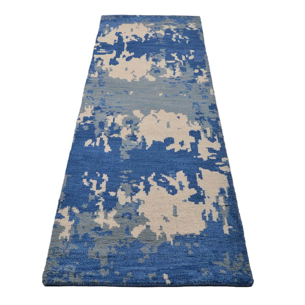 Hand Knotted Wool Area Rug Abstract Blue Beige N00806