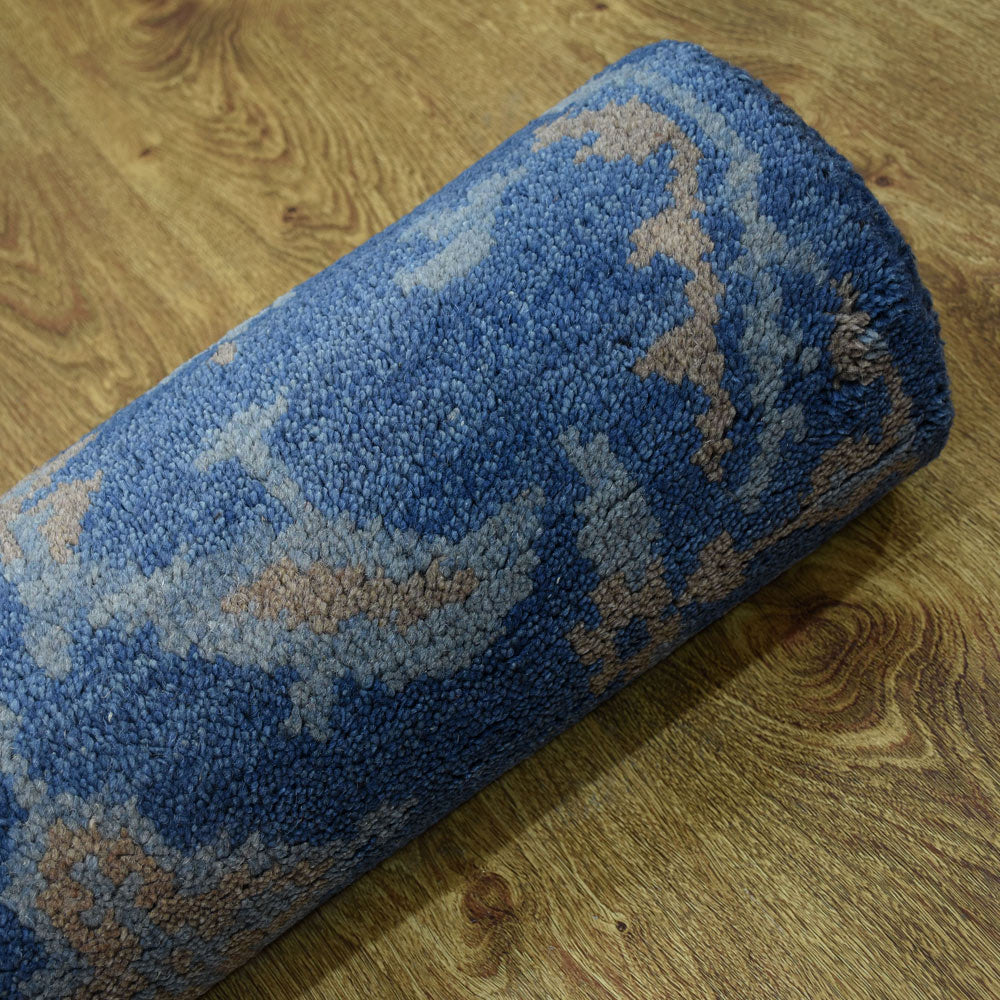 Hand Knotted Wool Area Rug Floral Blue N00908