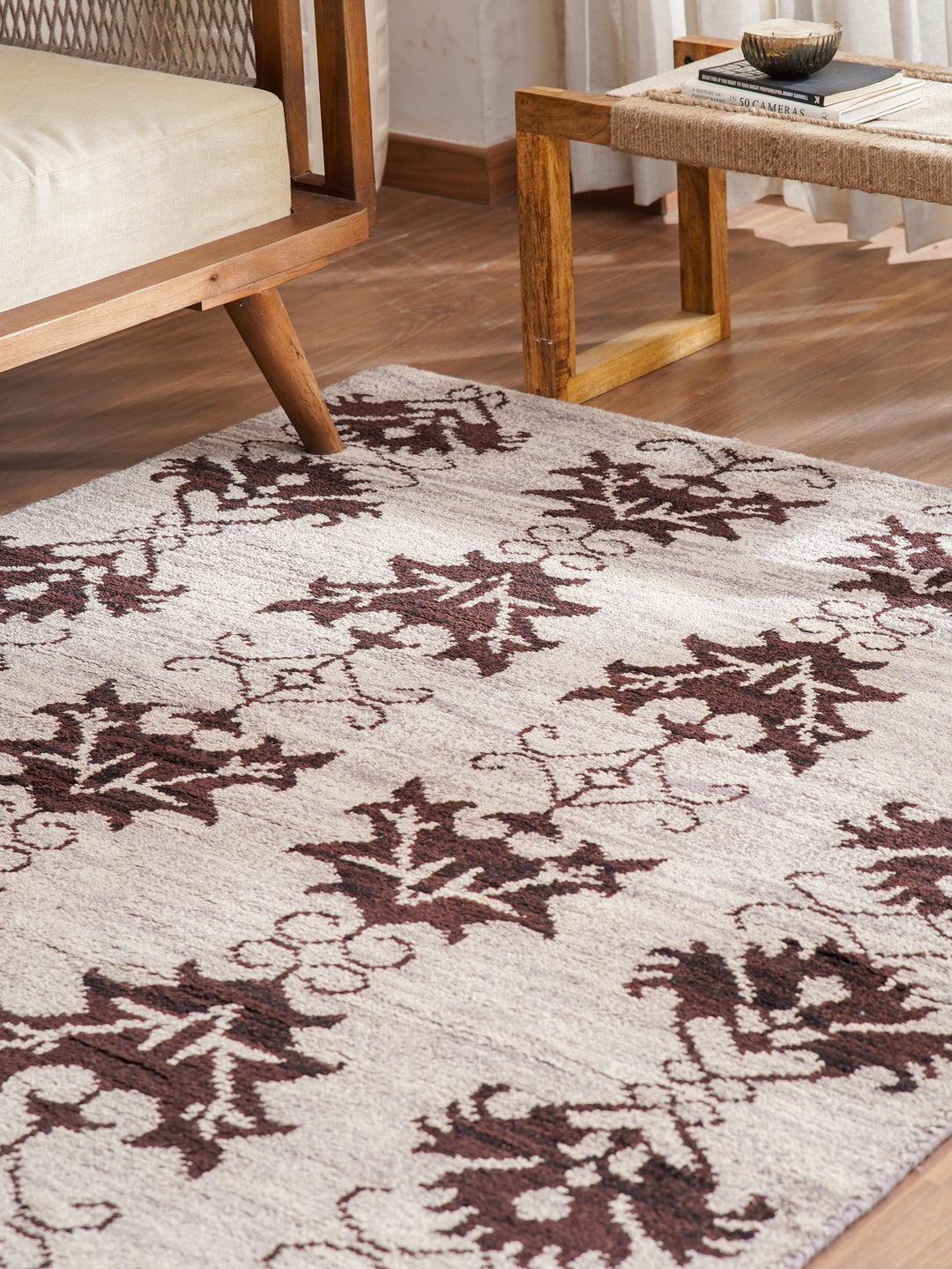 Hand Knotted Wool Area Rug Floral Brown N00921