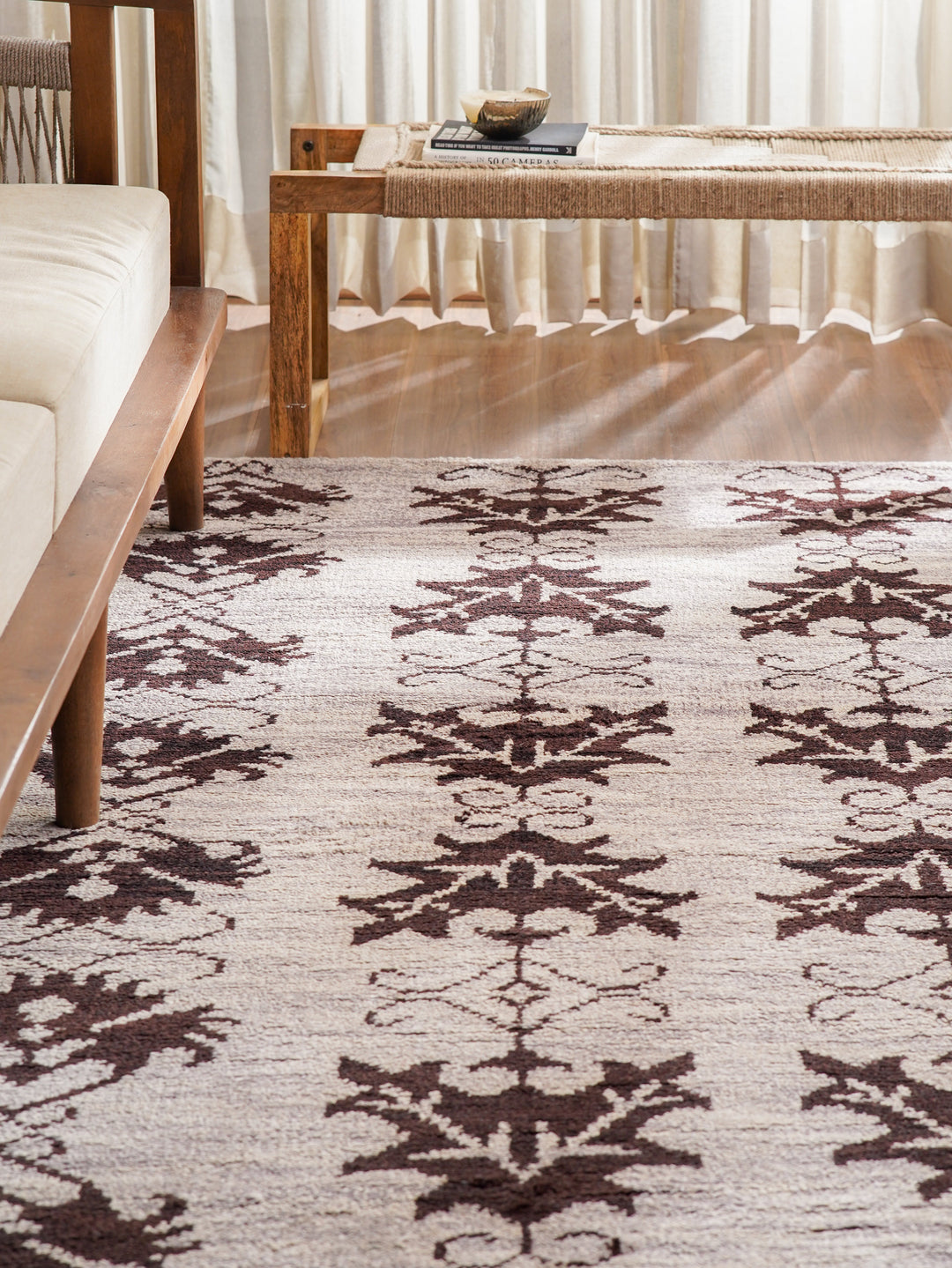 Hand Knotted Wool Area Rug Floral Brown N00921