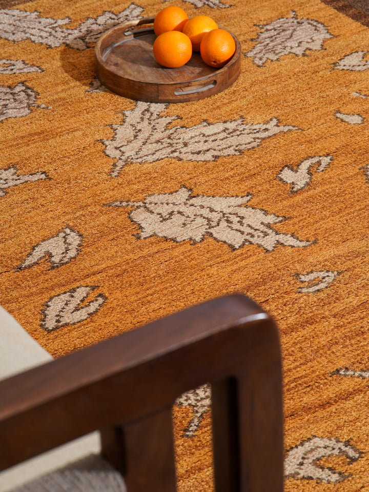 Hand Knotted Wool Area Rug Floral Gold Brown N00922