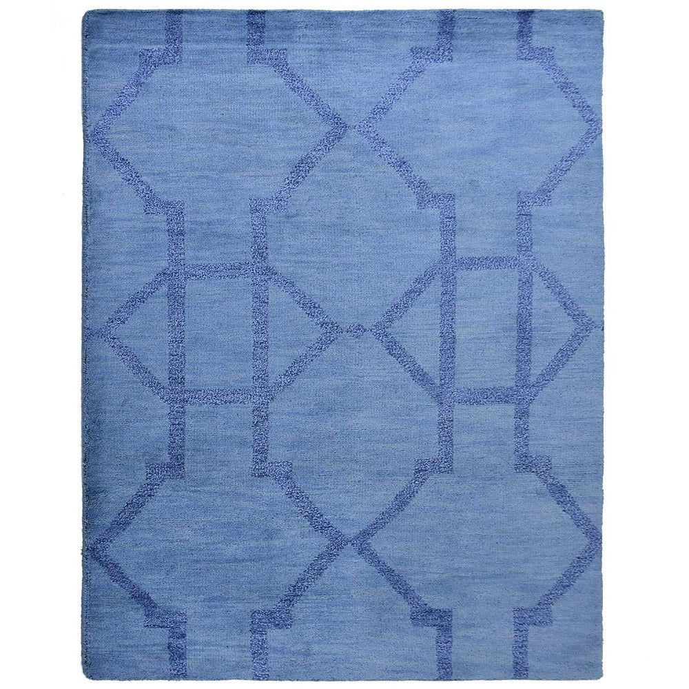 Hand Knotted Wool Area Rug Geometric Light Blue Blue N00942