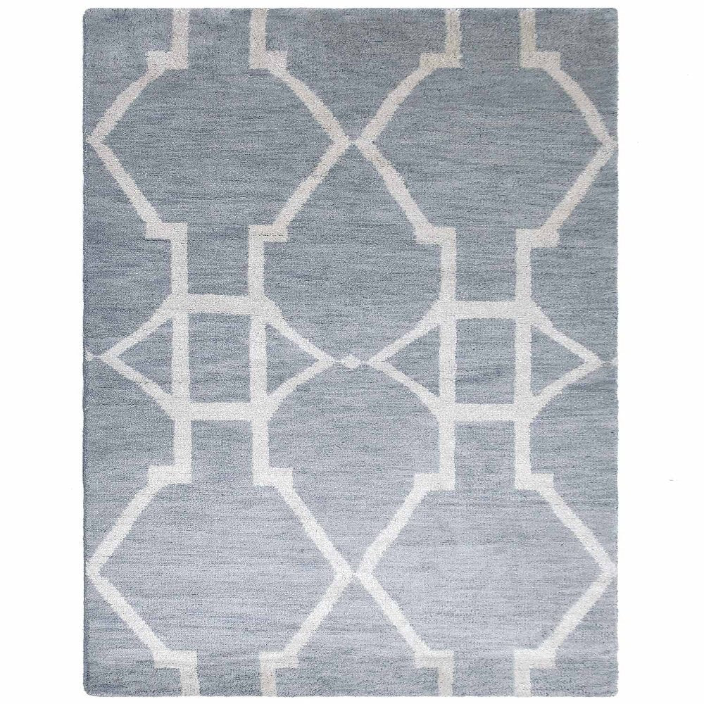 Hand Knotted Wool Area Rug Geometric Light Blue Blue N00942