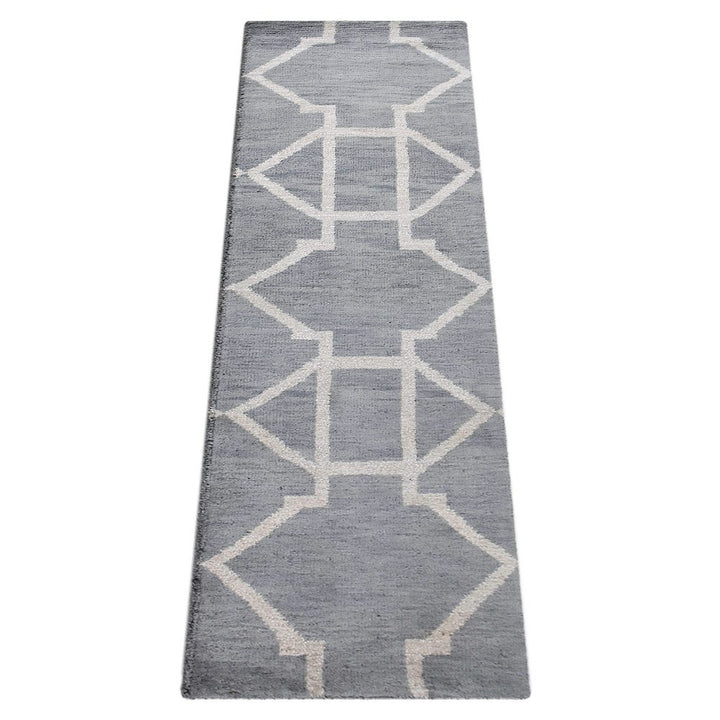 Hand Knotted Wool Area Rug Geometric Light Blue Blue N00942