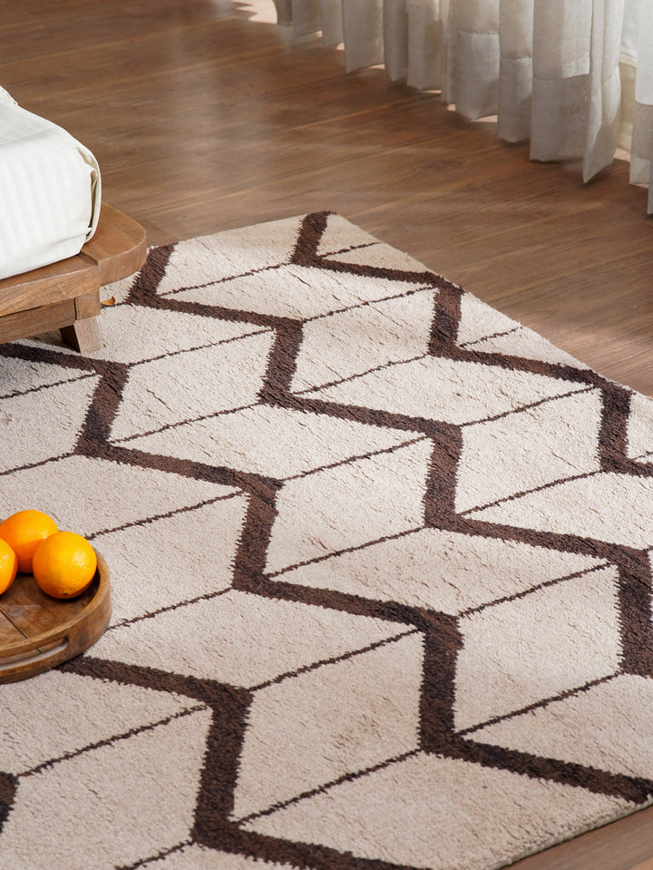 Hand Knotted Wool Area Rug Geometric Beige Brown N01052