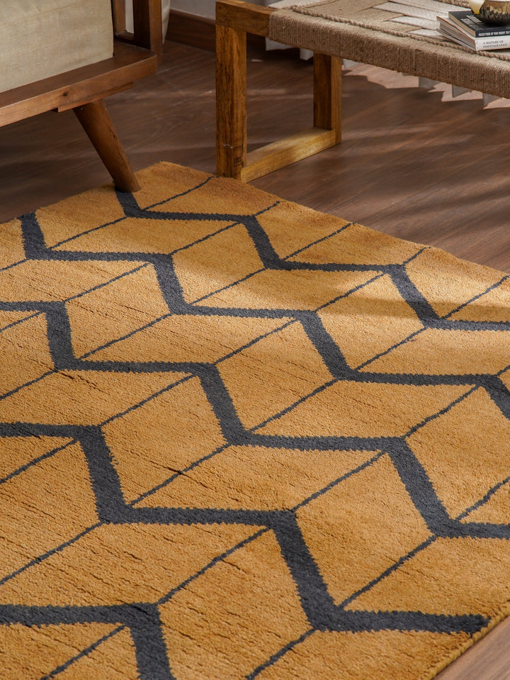 Hand Knotted Wool Area Rug Geometric Beige Brown N01052