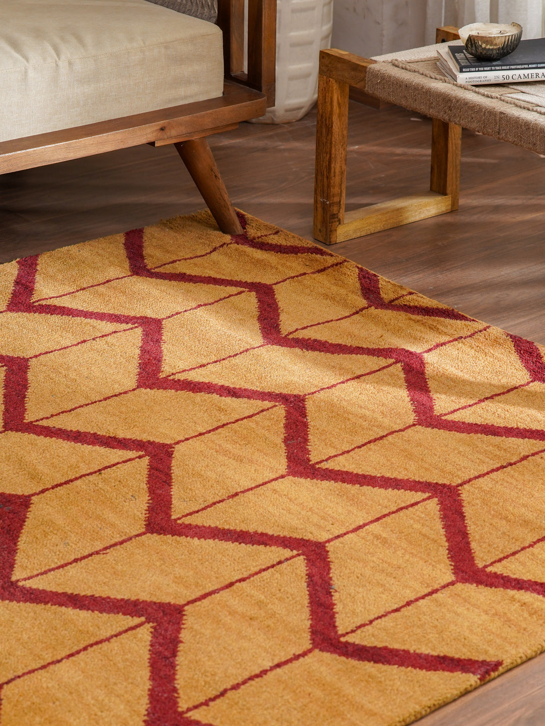 Hand Knotted Wool Area Rug Geometric Beige Brown N01052