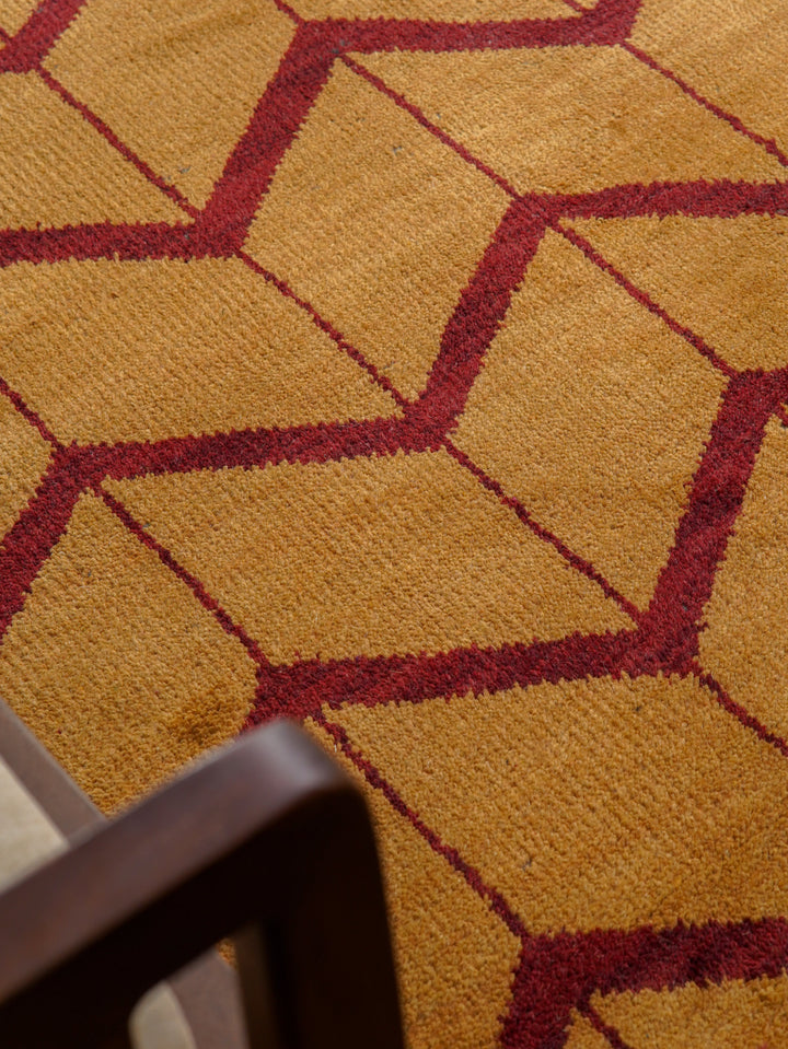 Hand Knotted Wool Area Rug Geometric Beige Brown N01052