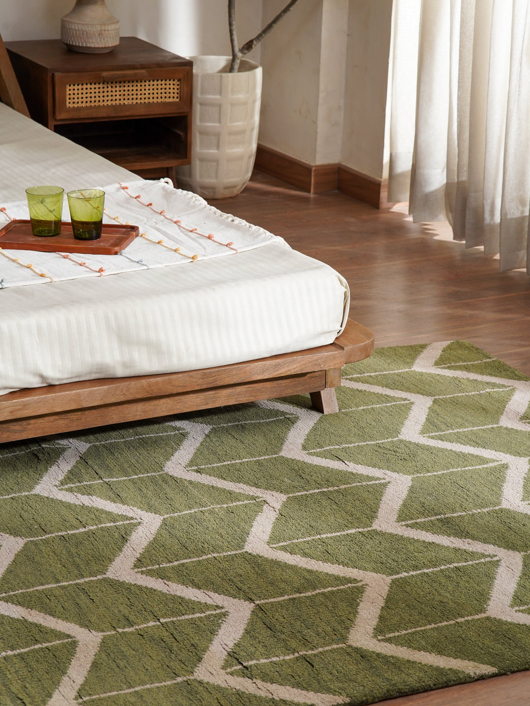 Hand Knotted Wool Area Rug Geometric Beige Brown N01052
