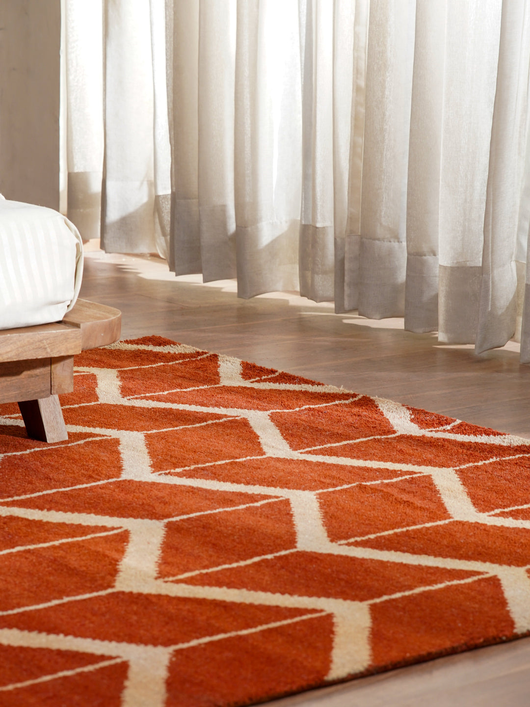 Hand Knotted Wool Area Rug Geometric Beige Brown N01052