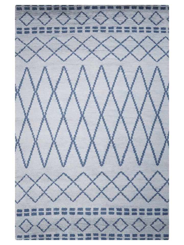 Hand Knotted Wool Area Rug Geometric Light Blue Blue N01117