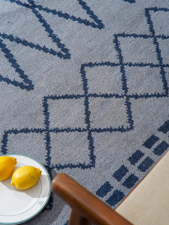 Hand Knotted Wool Area Rug Geometric Light Blue Blue N01117