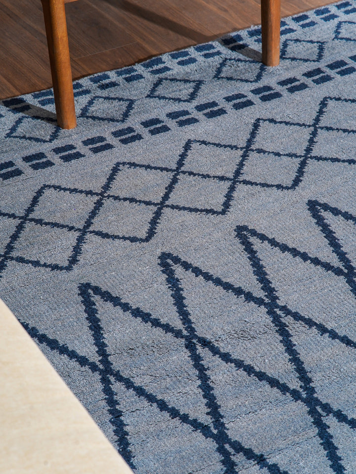 Hand Knotted Wool Area Rug Geometric Light Blue Blue N01117