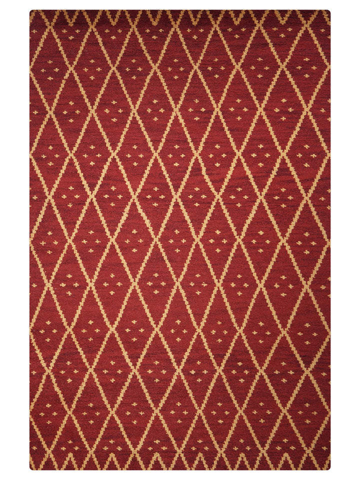 Hand Knotted Wool Area Rug Geometric Red Gold N01118