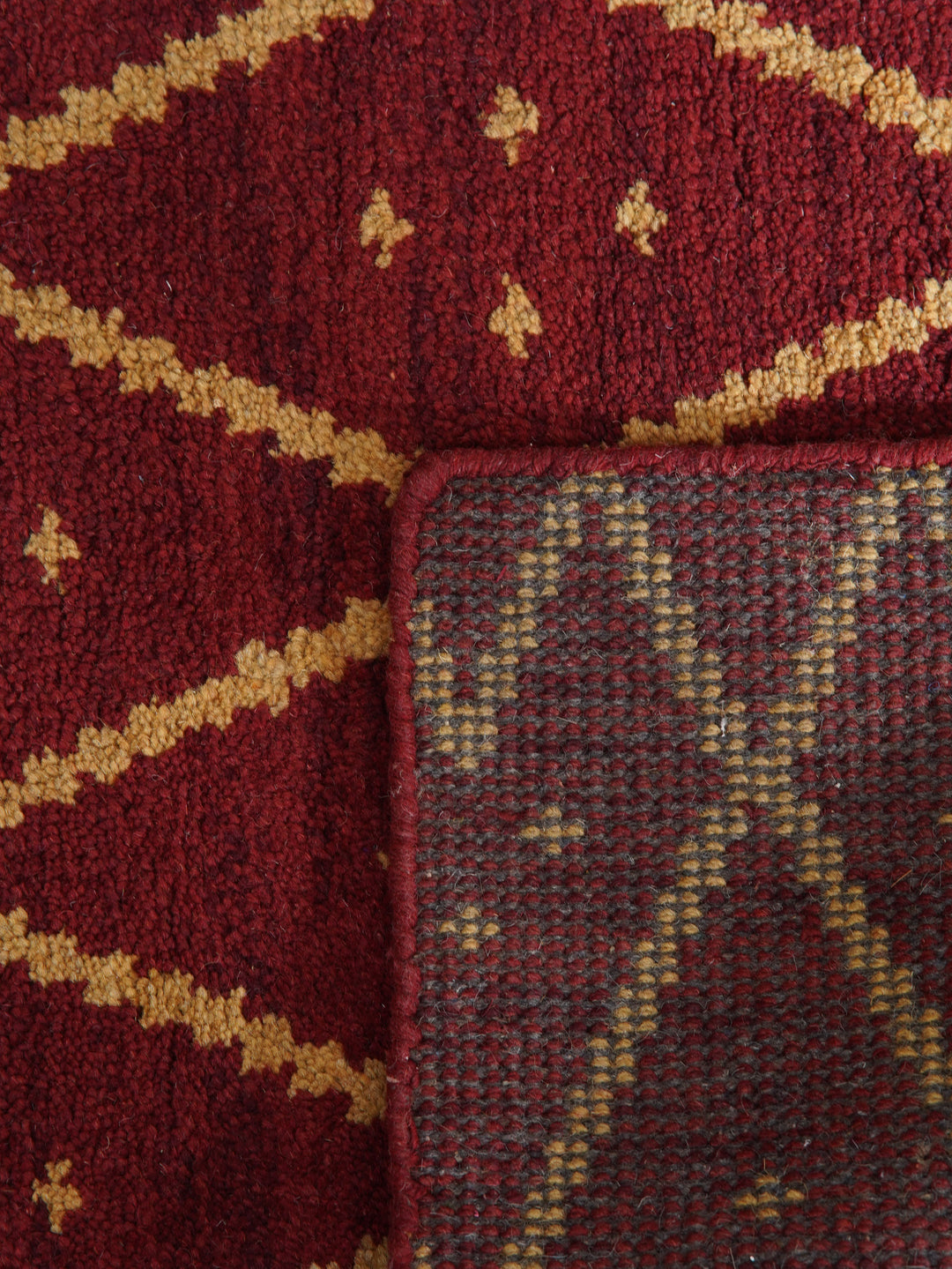Hand Knotted Wool Area Rug Geometric Red Gold N01118