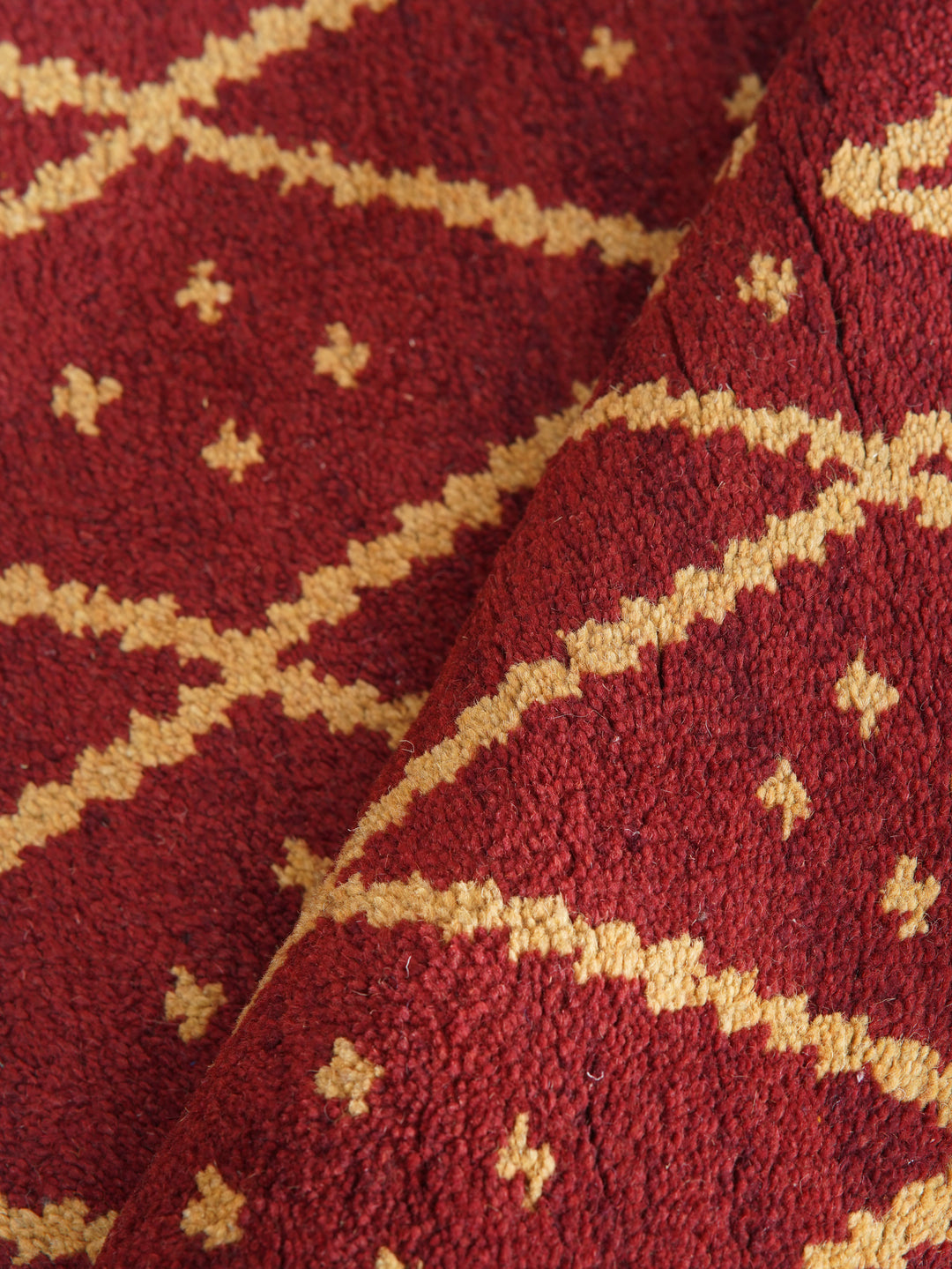 Hand Knotted Wool Area Rug Geometric Red Gold N01118