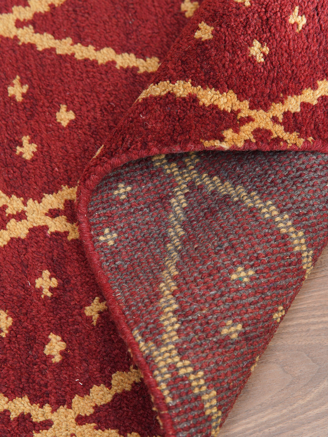 Hand Knotted Wool Area Rug Geometric Red Gold N01118